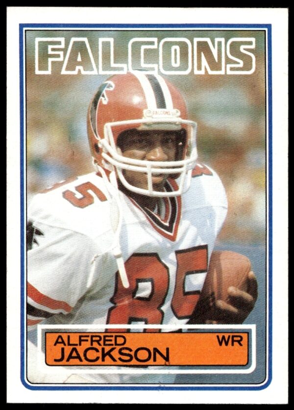 1983 Topps Alfred Jackson football card front, wide receiver action shot, retro design.