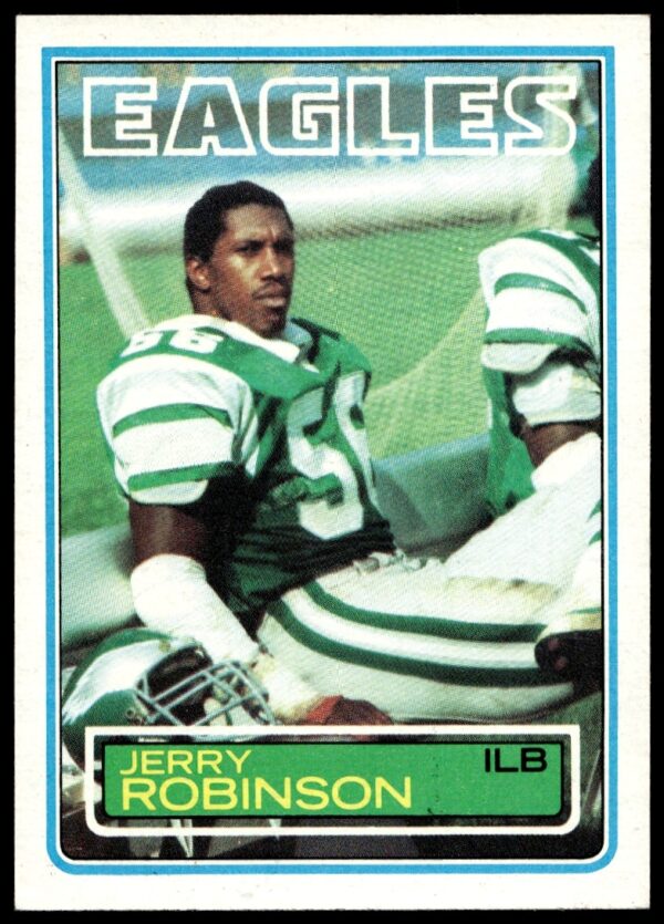 Jerry Robinson 1983 Topps card #146, Philadelphia Eagles linebacker in action.
