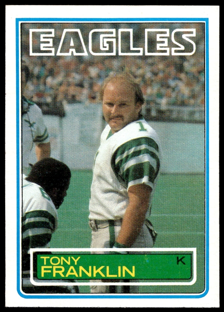 1983 Tony Franklin Topps football card, showcasing his kicking in Eagles uniform.