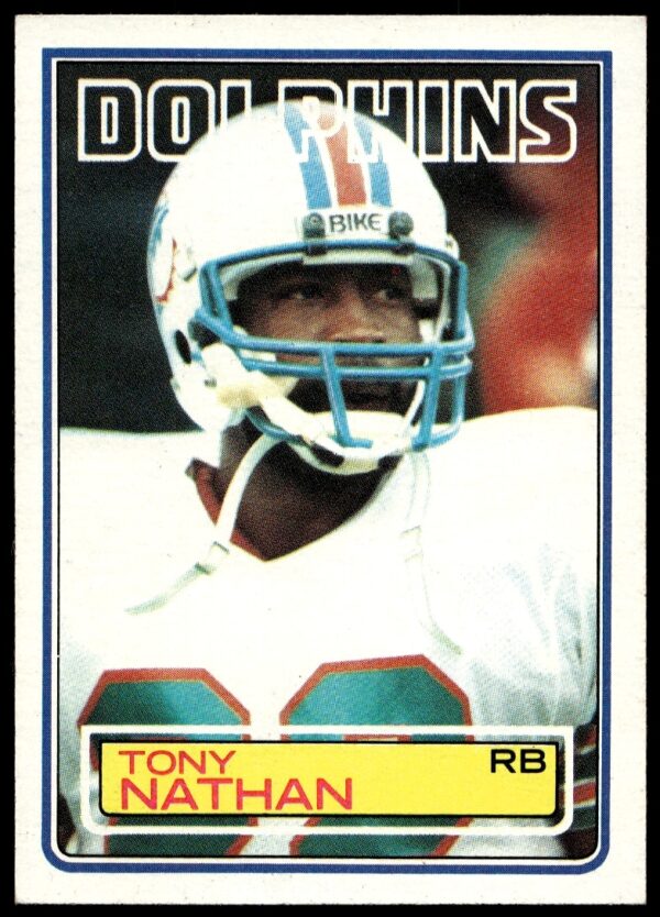 1983 Topps Tony Nathan #317 football card, Miami Dolphins, vintage design, bold name display.