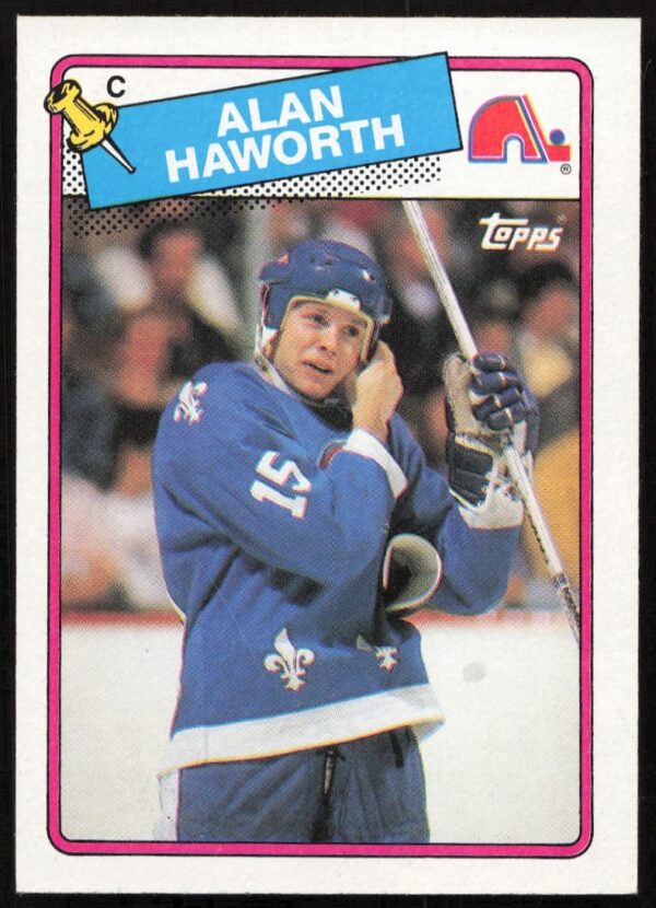 1988-89 Topps Alan Haworth #131 hockey card showing action shot in Capitals uniform.