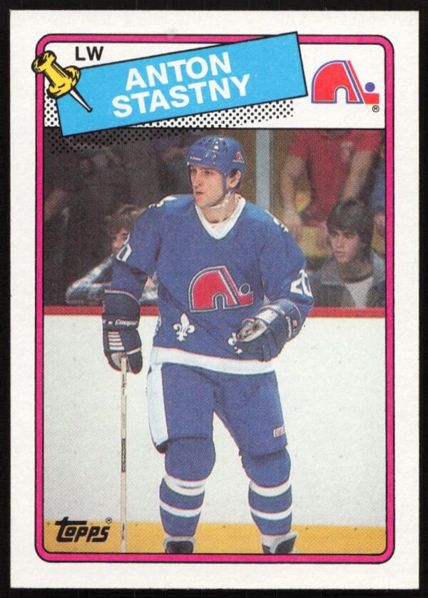 Anton Stastnys 1988-89 Topps hockey card #98 shows him on ice in team jersey.