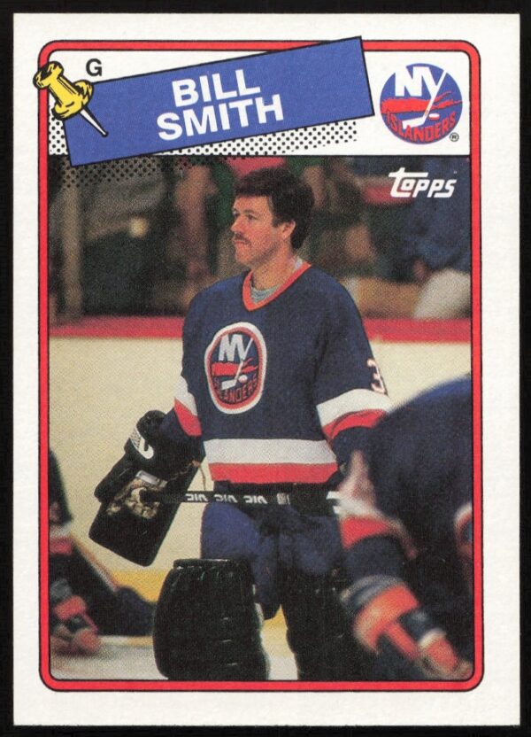 Billy Smith 1988-89 Topps Hockey Card #17, featuring Islanders goalie in vintage mask.