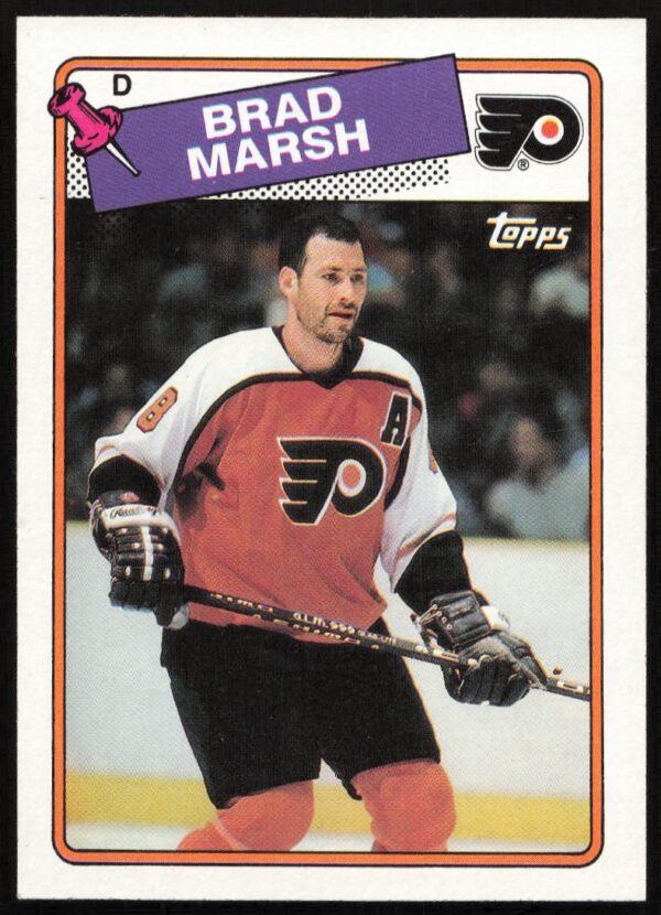 Brad Marsh 1988-89 Topps hockey card #64, Philadelphia Flyers uniform, in-game action.
