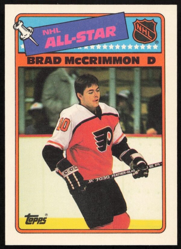 1988-89 Topps Sticker featuring hockey player Brad McCrimmon, number 10 in the series.