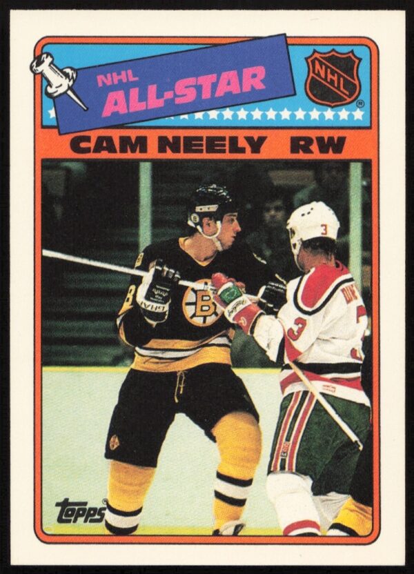 Vintage 1988-89 Topps sticker featuring Cam Neely in Boston Bruins gear.
