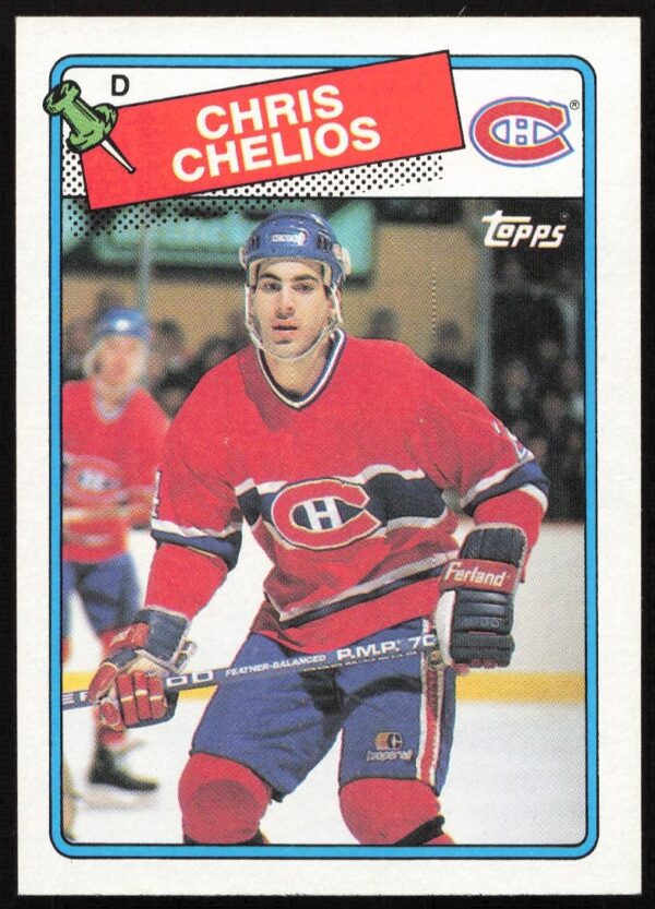 1988-89 Topps Chris Chelios hockey card, #49, front view, Chicago Blackhawks uniform.