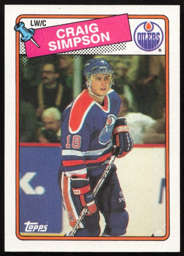 Craig Simpson 1988-89 Topps Hockey Card #27, Edmonton Oilers, NHL vintage collectors item.