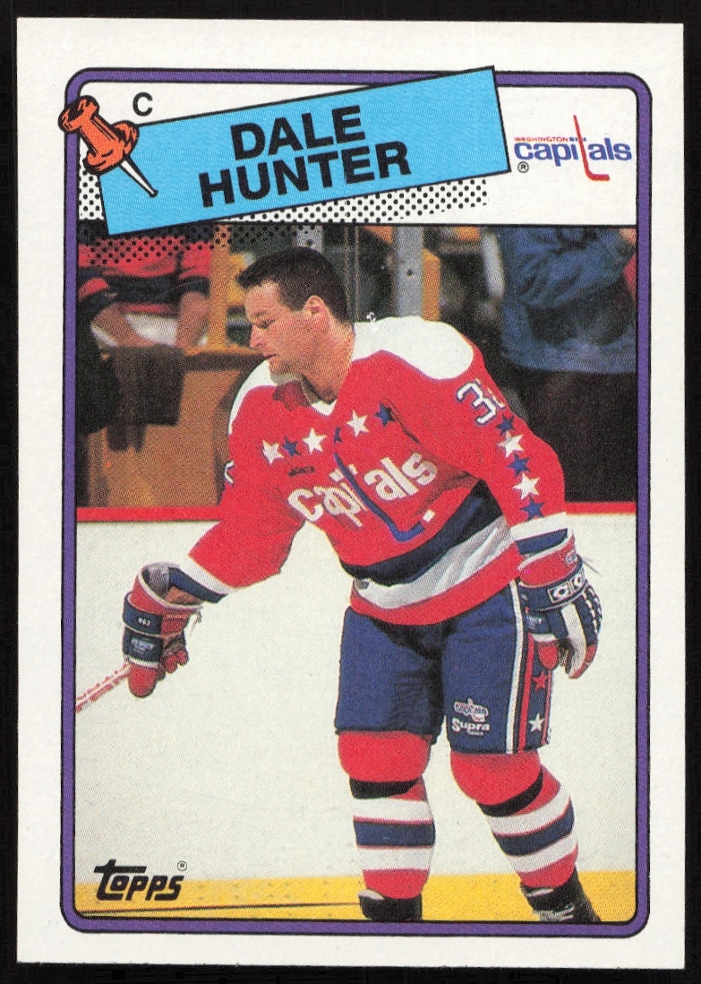 Dale Hunter 1988-89 Topps #70 hockey card, Washington Capitals jersey, action on ice.