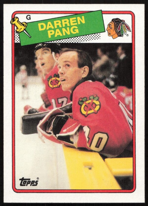 1988 Topps card showing Chicago Blackhawks goalie Darren Pang in action.