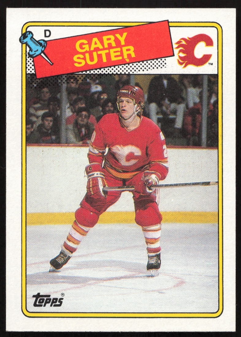 1988-89 Topps hockey card #43 featuring Gary Suter in Calgary Flames uniform.