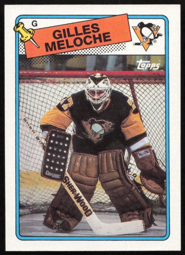 Gilles Meloche 1988-89 Topps card, #8, showcasing goalie gear and vibrant game image.
