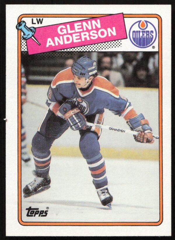 1988-89 Topps Glenn Anderson Hockey Card #189, Edmonton Oilers, action shot.