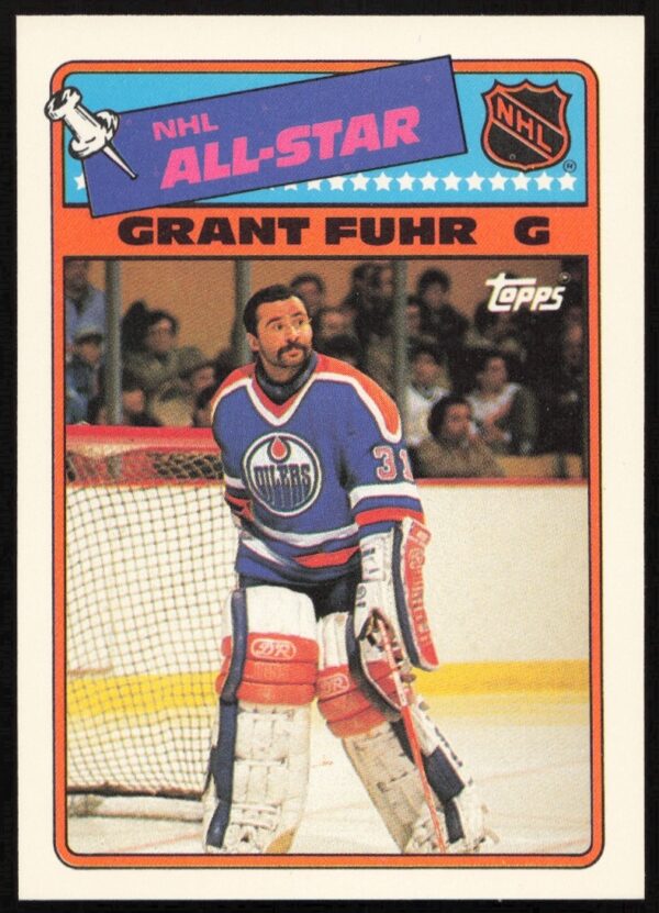 Grant Fuhr 1988-89 Topps Sticker #6, Edmonton Oilers Goalie in Action.