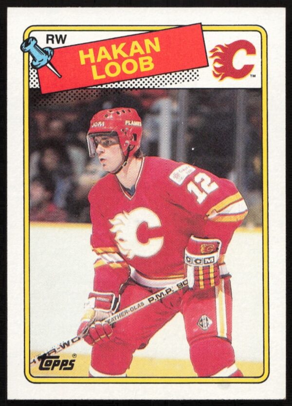 1988-89 Topps hockey card of Hakan Loob, Calgary Flames, #110, in action.