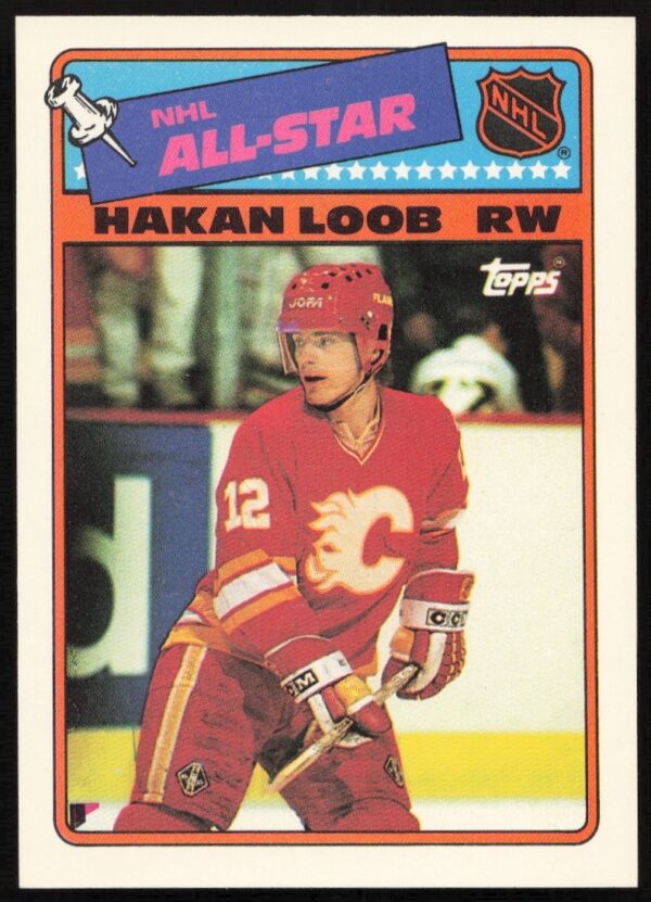 Hakan Loob 1988-89 Topps Sticker Insert #3, featuring NHL Flames star in action.