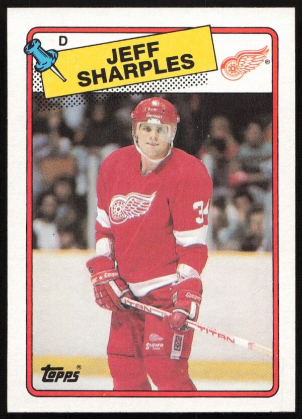 1988-89 Topps Jeff Sharples hockey card, Red Wings uniform, mid-action, sports collectible.