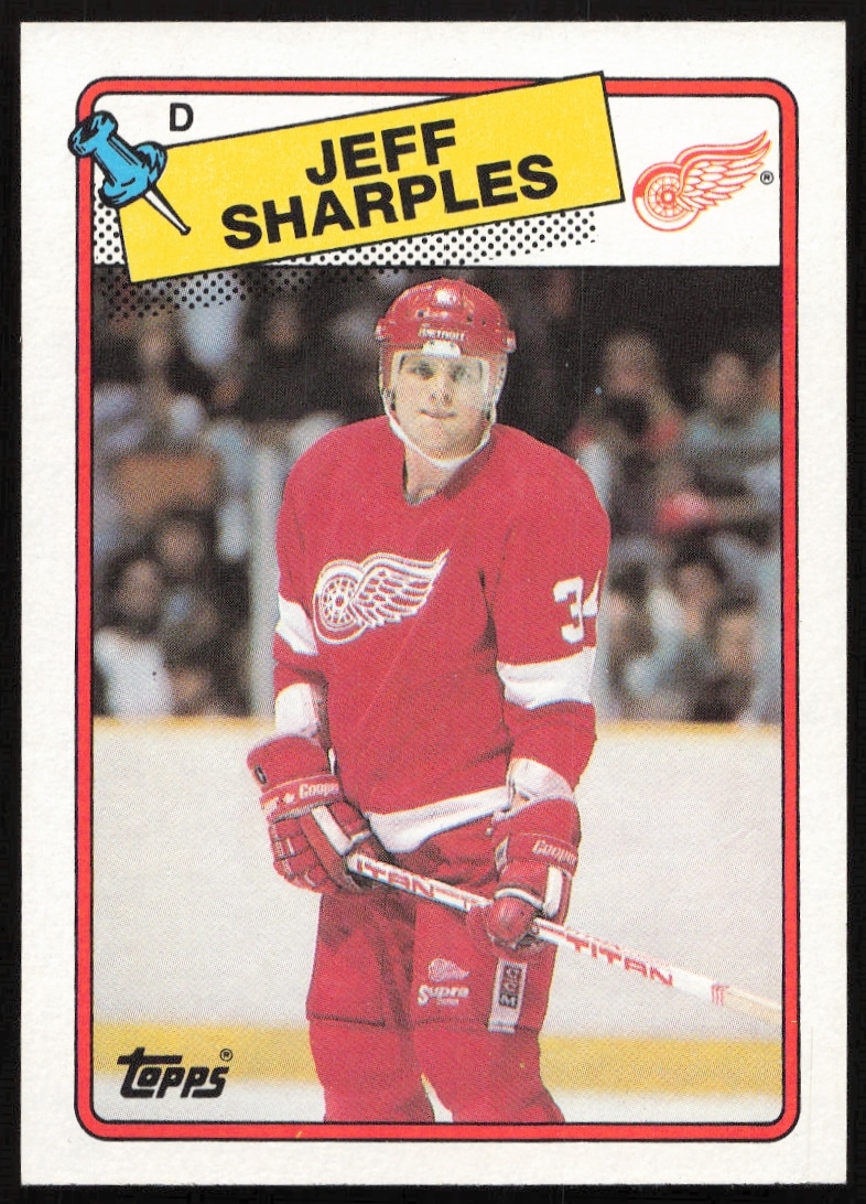 1988-89 Topps Jeff Sharples hockey card, Red Wings uniform, mid-action, sports collectible.
