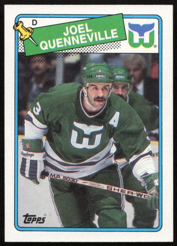 1988-89 Topps Joel Quenneville hockey card showing him mid-action in team uniform.