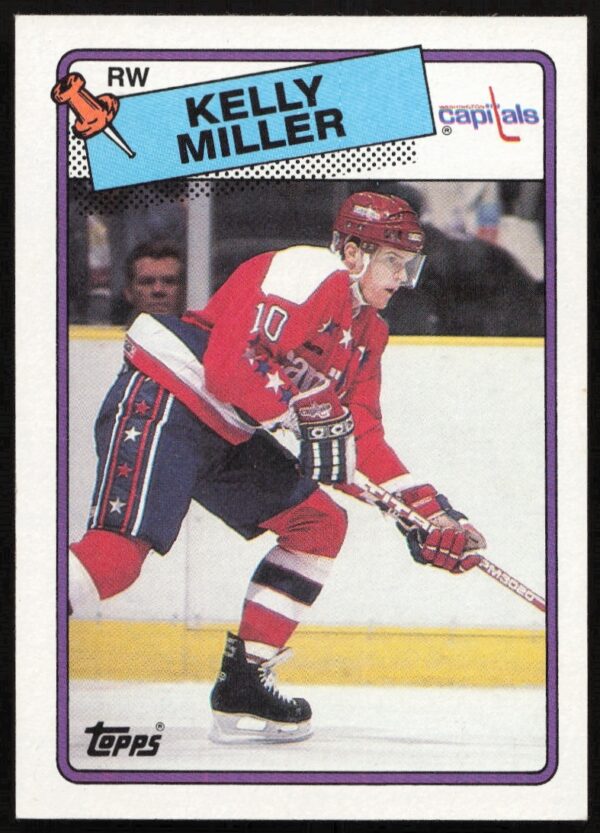 1988-89 Topps Kelly Miller hockey card, Washington Capitals, #130, mid-action on ice.