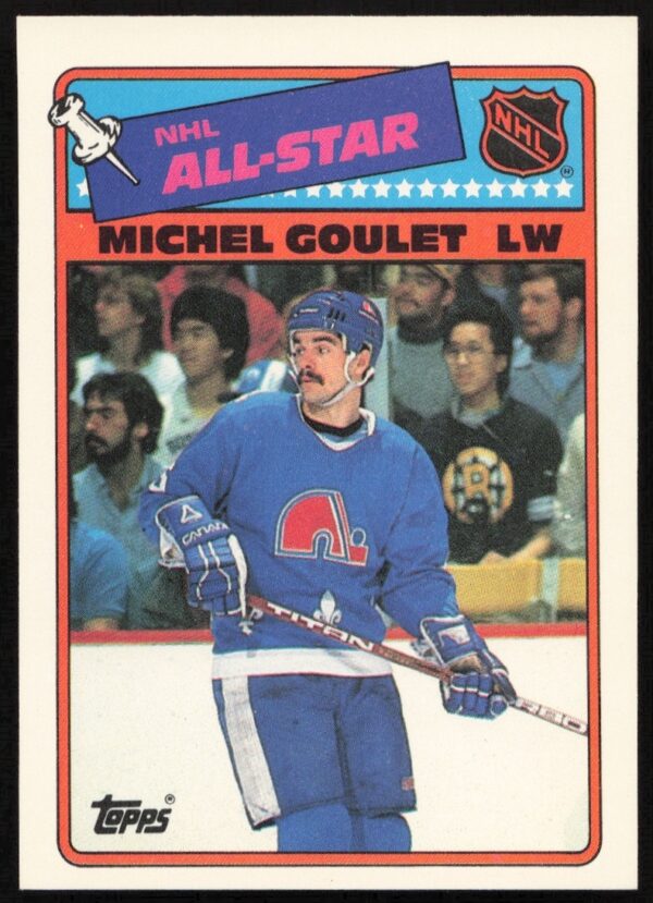 Front of 1988-89 Topps Michel Goulet Sticker, NHL player portrait in vintage uniform.