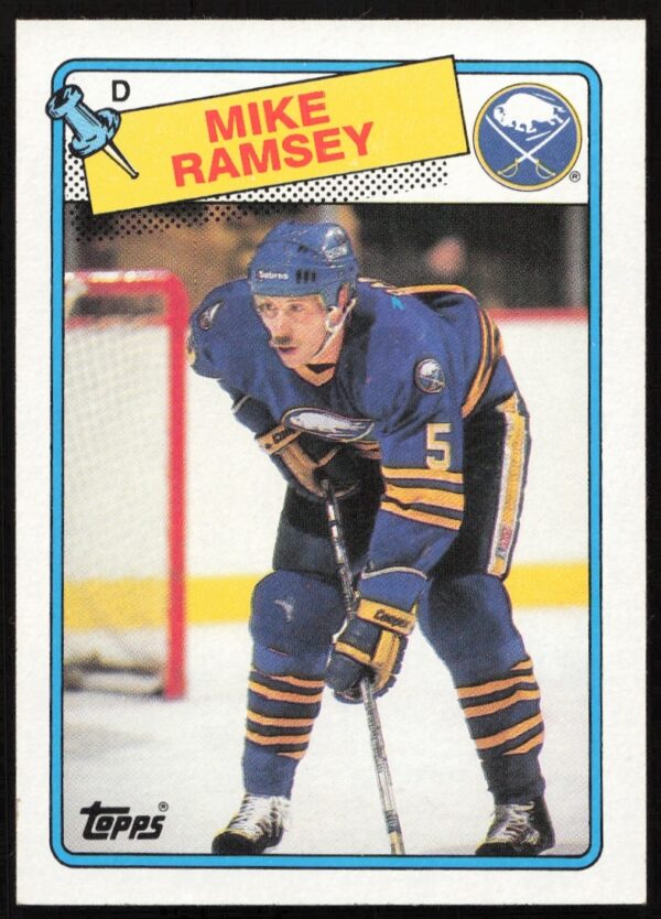 1988-89 Topps hockey card of Mike Ramsey in Sabres jersey, card #133.