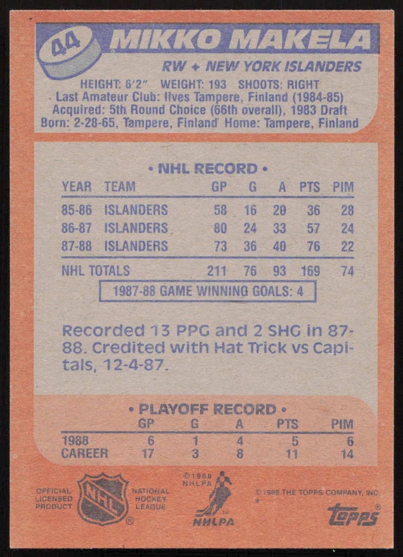 Back of Mikko Makelas 1988-89 Topps hockey card with stats and bio.