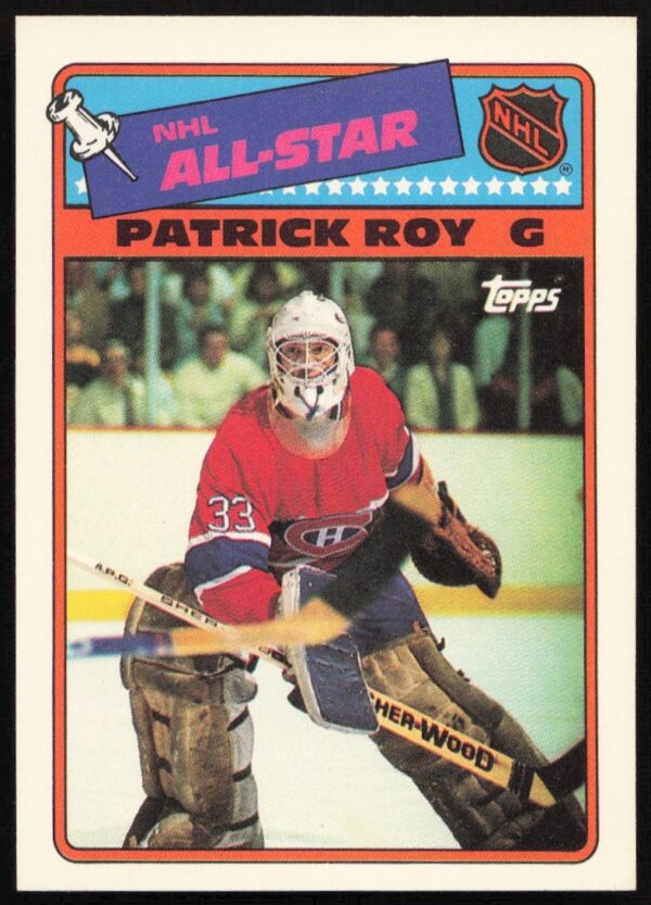 Vintage Patrick Roy 1988-89 Topps Sticker #12, Montreal Canadiens collectible.