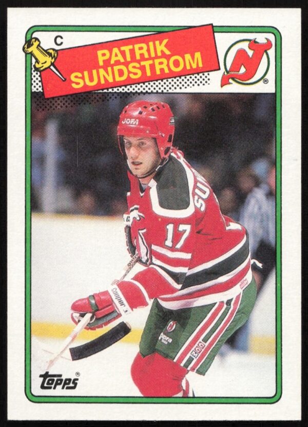 1988-89 Topps Patrik Sundstrom hockey card, dynamic ice action, #67 prominently displayed.