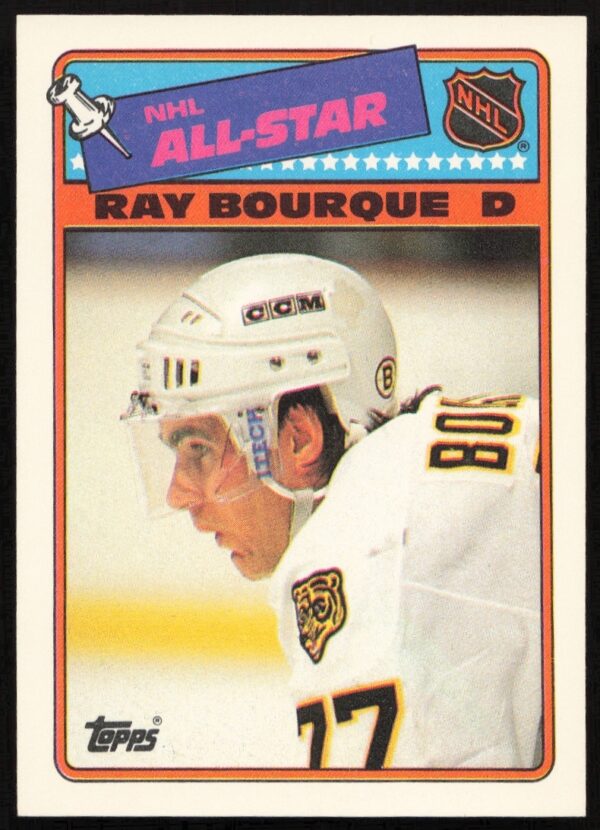 Ray Bourque 1988-89 Topps Sticker Insert #5, featuring Bruins NHL defenseman.