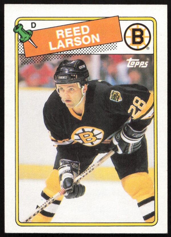 Front view of 1988-89 Topps Reed Larson hockey card, showcasing player and team details.