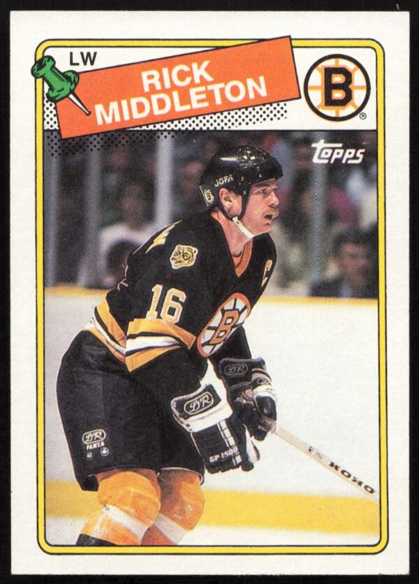 Rick Middleton 1988 Topps Hockey Card #87, Boston Bruins, NHL Season Highlight.