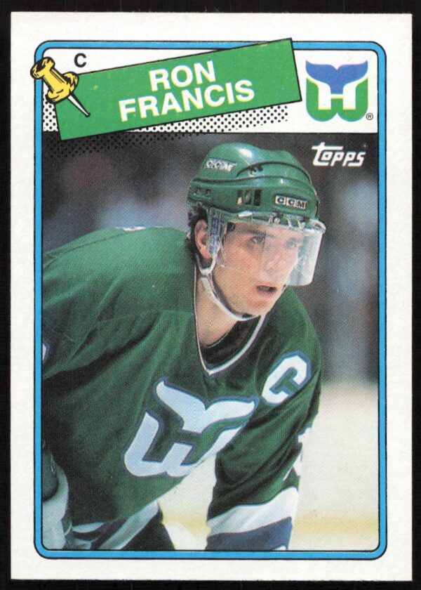Front of 1988-89 Topps Ron Francis #52 with Whalers jersey.
