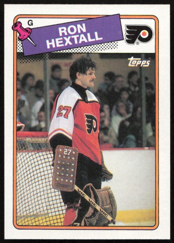 Vintage 1988-89 Topps hockey card of Ron Hextall, Philadelphia Flyers goaltender, #34 front.