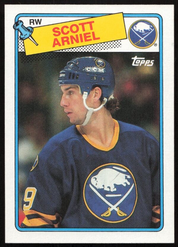 Scott Arniel 1988-89 Topps Hockey Card #90, showcasing player details and action pose.