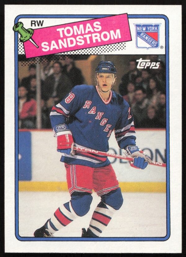 1988 Topps Tomas Sandstrom hockey card, #121, featuring action shot and player details.
