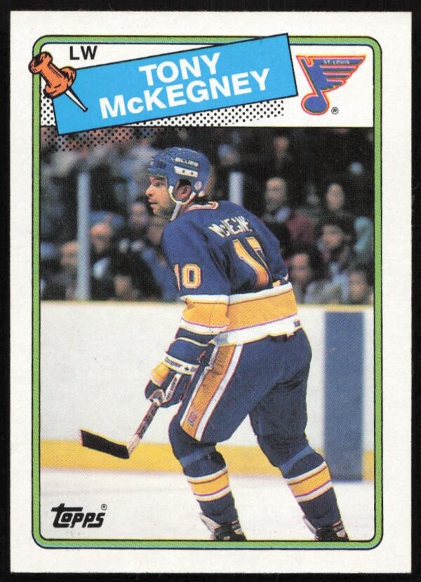 Front of 1988-89 Topps Tony McKegney hockey card, highlighting his dynamic style.