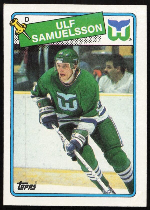 Ulf Samuelsson 1988-89 Topps Hockey Card #136 featuring Hartford Whalers uniform.