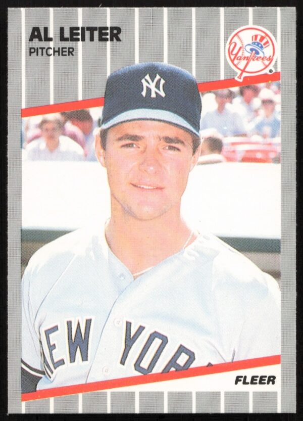 Close-up of Al Leiter pitching in Yankees uniform, 1989 Fleer card #257.