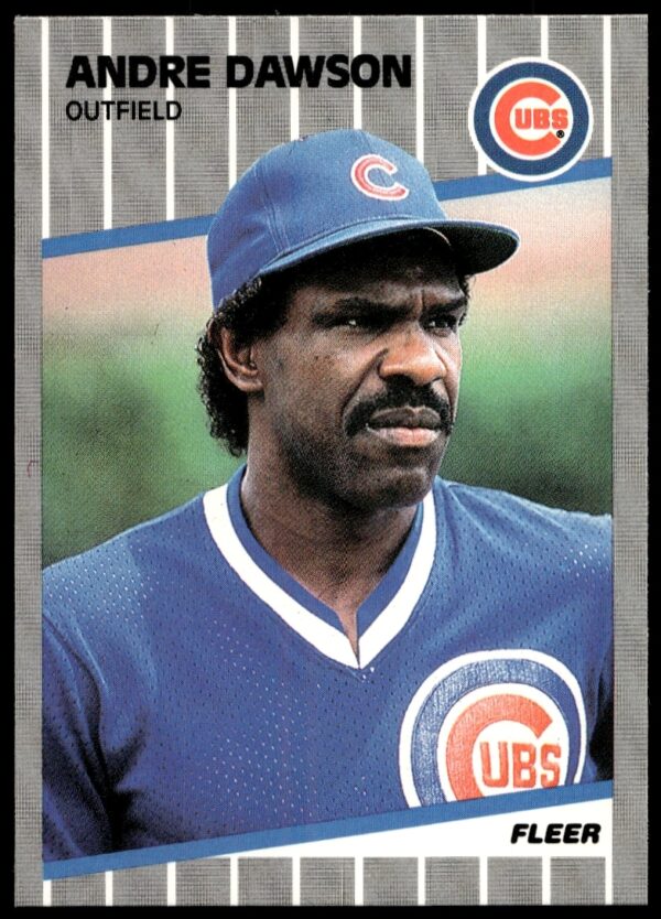 1989 Fleer Andre Dawson baseball card featuring Chicago Cubs action shot and player details.