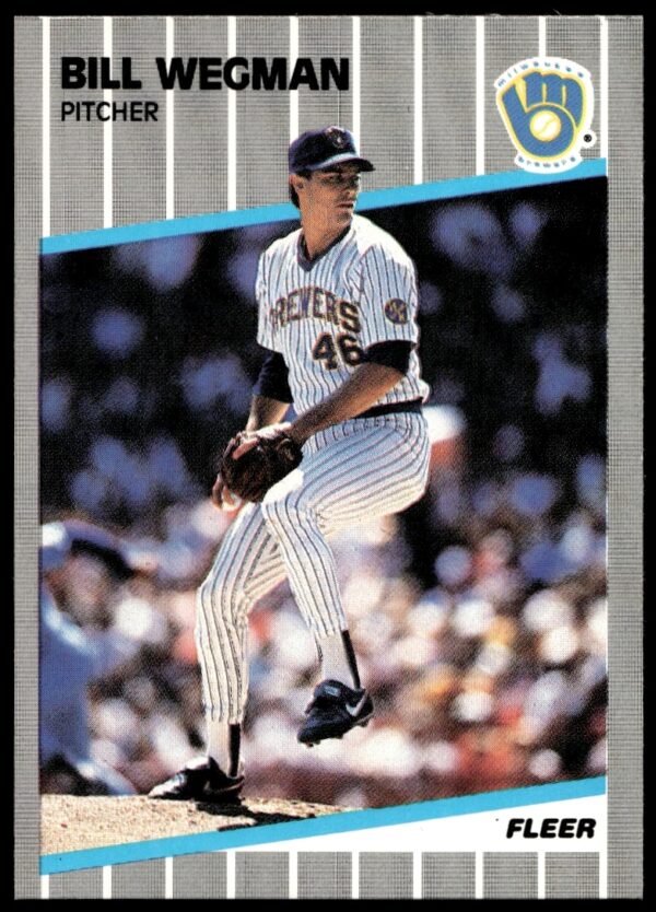 Bill Wegman 1989 Fleer Baseball Card, Milwaukee Brewers Pitcher, Intense Pitching Action.