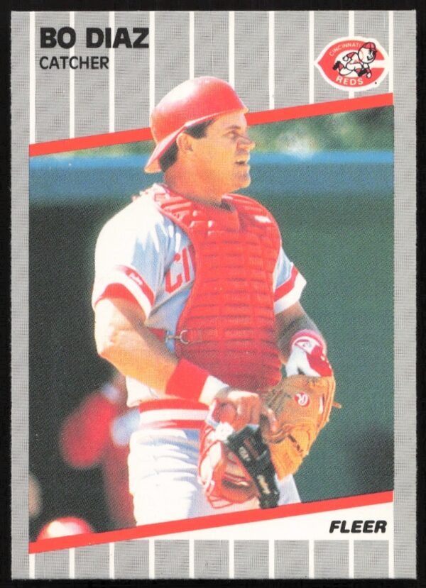 1989 Fleer Bo Diaz Card #159: Game Action Portrait in Team Uniform.