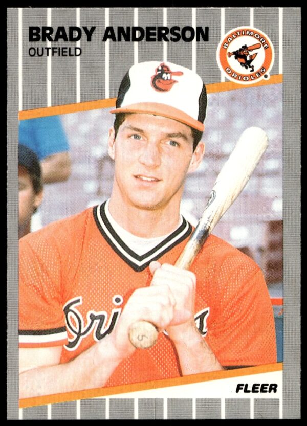 Brady Anderson 1989 Fleer rookie card, Orioles uniform, card #606, baseball memorabilia.