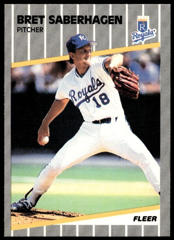 1989 Fleer card featuring MLB pitcher Bret Saberhagen in Kansas City Royals uniform.