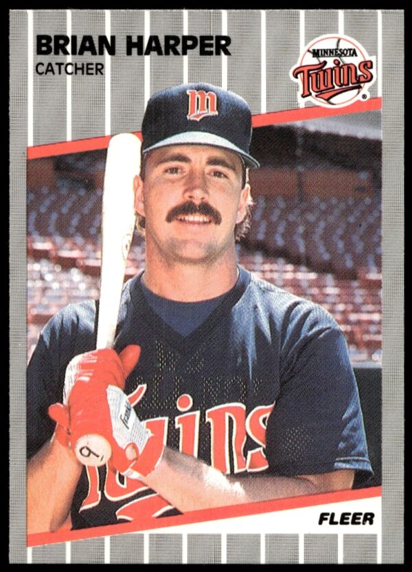 1989 Brian Harper Fleer card, Twins batting pose, collectible for vintage baseball fans.
