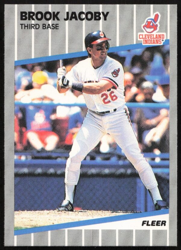 1989 Fleer card featuring Cleveland Indians Brook Jacoby holding a bat, stadium backdrop.