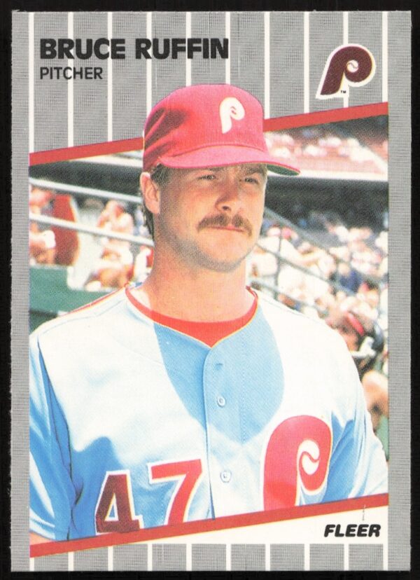 Bruce Ruffin 1989 Fleer baseball card #580, Philadelphia Phillies pitcher mid-pitch.