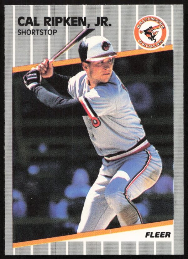 Cal Ripken Jr. 1989 Fleer baseball card featuring portrait and Baltimore Orioles logo.