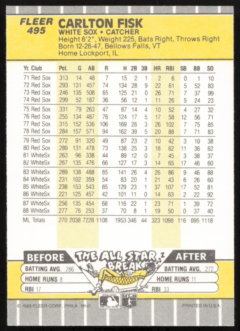 Back of 1989 Fleer Carlton Fisk card with career stats and Chicago White Sox highlights.