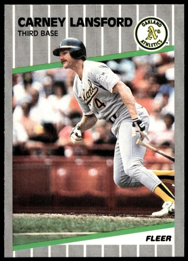 Carney Lansford 1989 Fleer baseball card, Oakland Athletics third baseman in action.